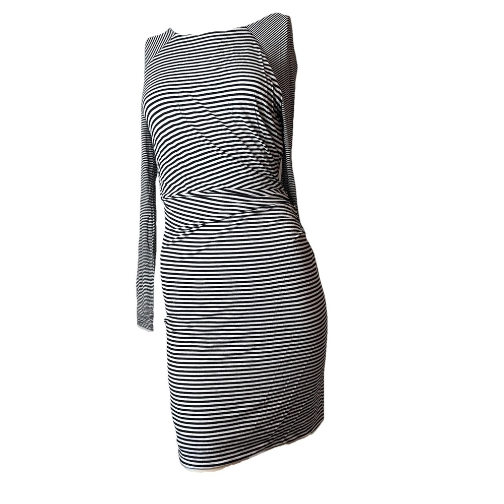Banana Republic Sheath Dress Women's Black White Striped Ruched Zip Small